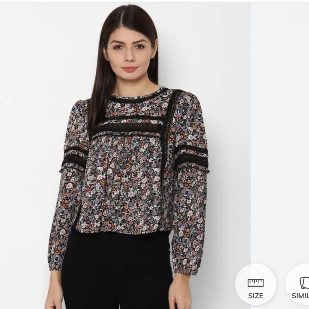 new! AE AMERICAN EAGLE | Black High-Neck Babydoll Floral Blouse
